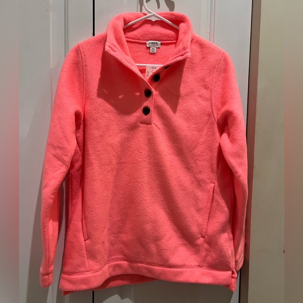 NWT J.Crew Fleece Sherpa Neon Pink Tortoise Button Pullover Size XS
